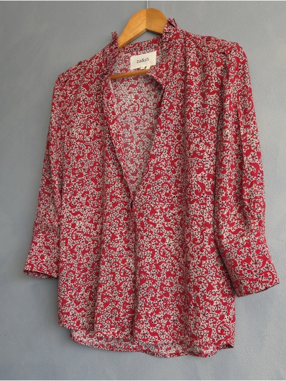 BA&SH CATTY THREE-QUARTER SLEEVE RED, PINK BLACK, CREAM PRINT FLORAL SHIRT, US 4 - Picture 2 of 7